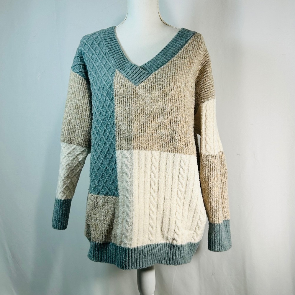 Altar State Patchwork Colorblock V Neck Sweater S… - image 1